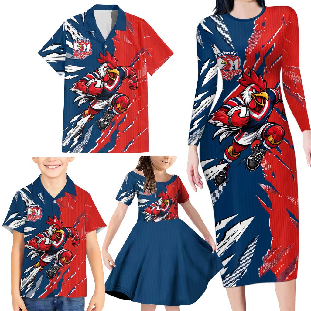 Personalized Sydney Roosters Family Matching Long Sleeve Bodycon Dress and Hawaiian Shirt Dynamic Lightning Mascot Rugby Australia