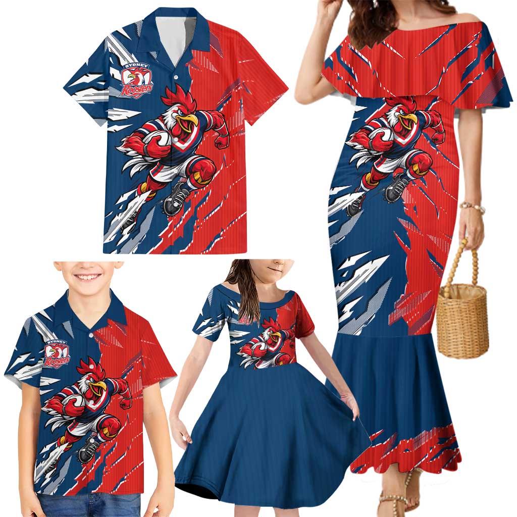 Personalized Sydney Roosters Family Matching Mermaid Dress and Hawaiian Shirt Dynamic Lightning Mascot Rugby Australia
