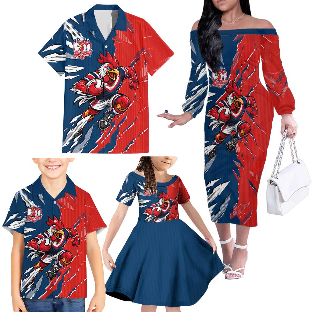 Personalized Sydney Roosters Family Matching Off The Shoulder Long Sleeve Dress and Hawaiian Shirt Dynamic Lightning Mascot Rugby Australia