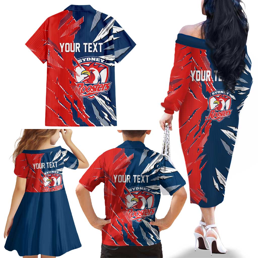 Personalized Sydney Roosters Family Matching Off The Shoulder Long Sleeve Dress and Hawaiian Shirt Dynamic Lightning Mascot Rugby Australia