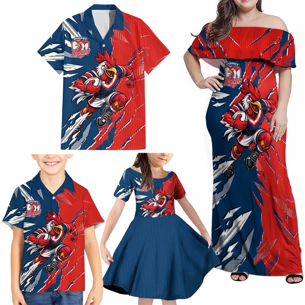 Personalized Sydney Roosters Family Matching Off Shoulder Maxi Dress and Hawaiian Shirt Dynamic Lightning Mascot Rugby Australia