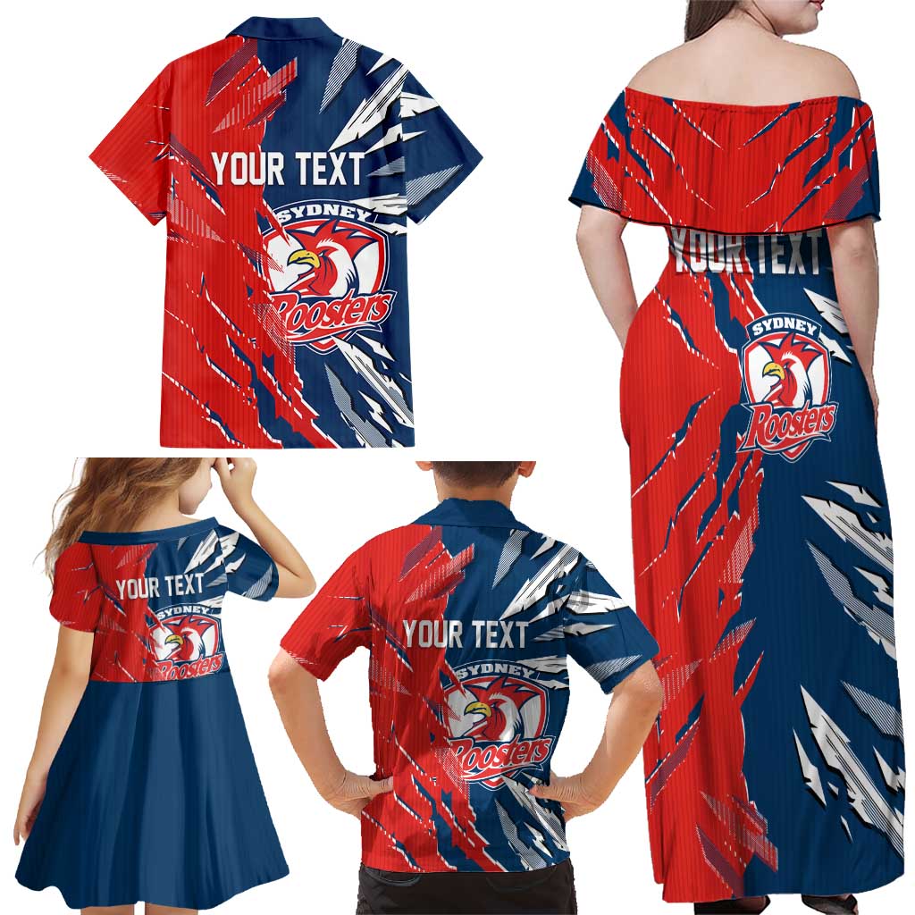 Personalized Sydney Roosters Family Matching Off Shoulder Maxi Dress and Hawaiian Shirt Dynamic Lightning Mascot Rugby Australia