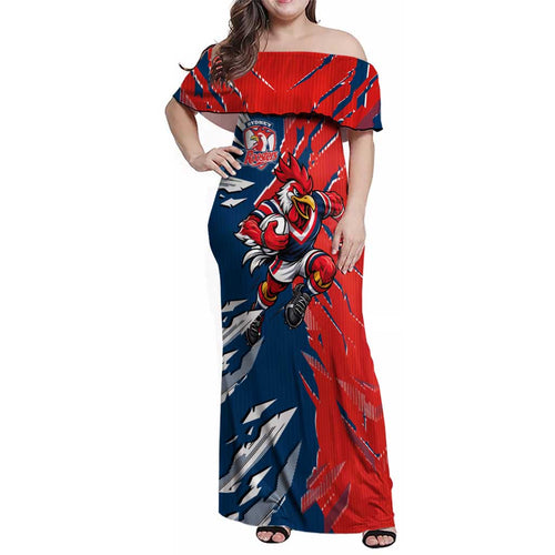 Personalized Sydney Roosters Family Matching Off Shoulder Maxi Dress and Hawaiian Shirt Dynamic Lightning Mascot Rugby Australia