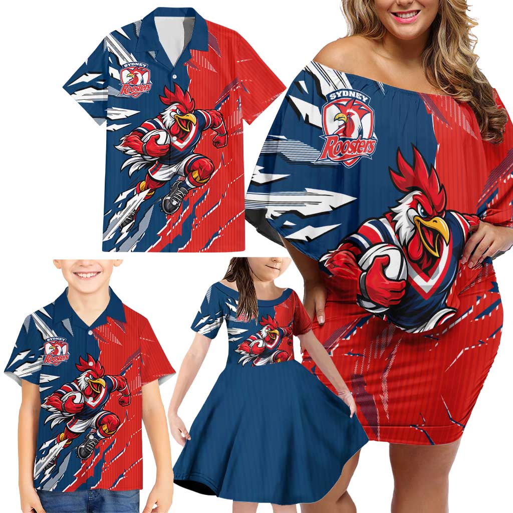 Personalized Sydney Roosters Family Matching Off Shoulder Short Dress and Hawaiian Shirt Dynamic Lightning Mascot Rugby Australia