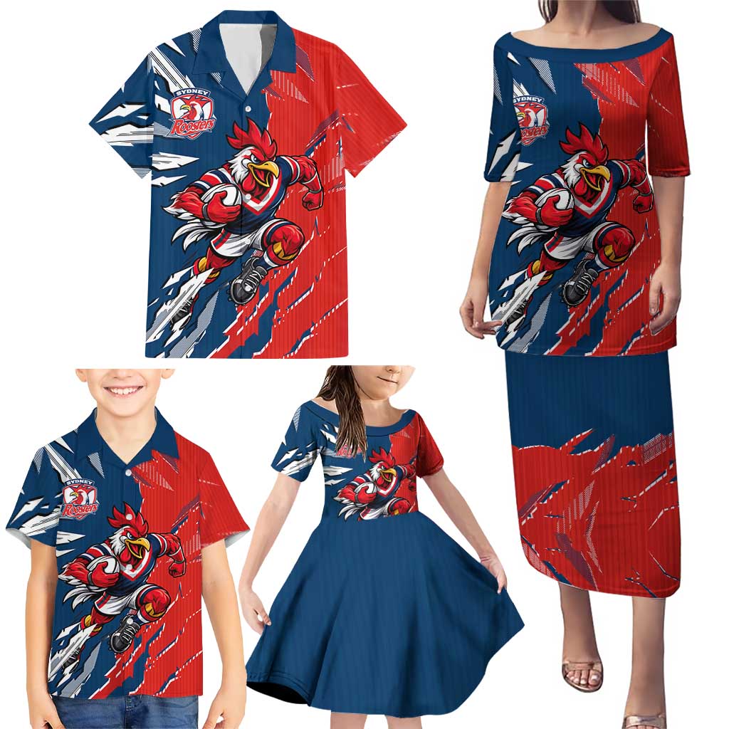 Personalized Sydney Roosters Family Matching Puletasi and Hawaiian Shirt Dynamic Lightning Mascot Rugby Australia