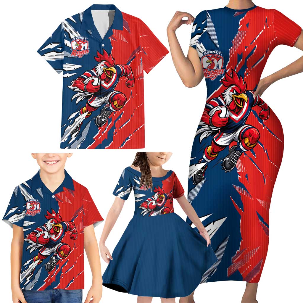 Personalized Sydney Roosters Family Matching Short Sleeve Bodycon Dress and Hawaiian Shirt Dynamic Lightning Mascot Rugby Australia