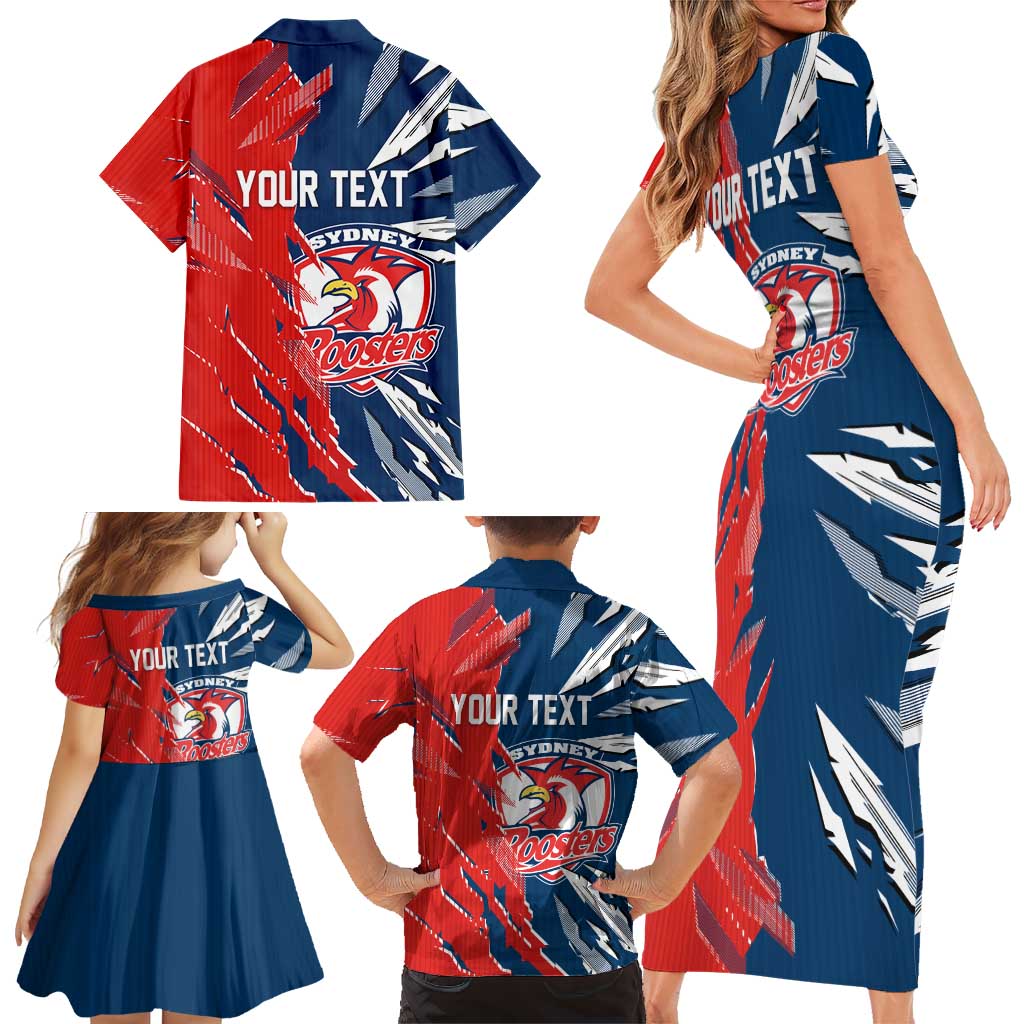 Personalized Sydney Roosters Family Matching Short Sleeve Bodycon Dress and Hawaiian Shirt Dynamic Lightning Mascot Rugby Australia