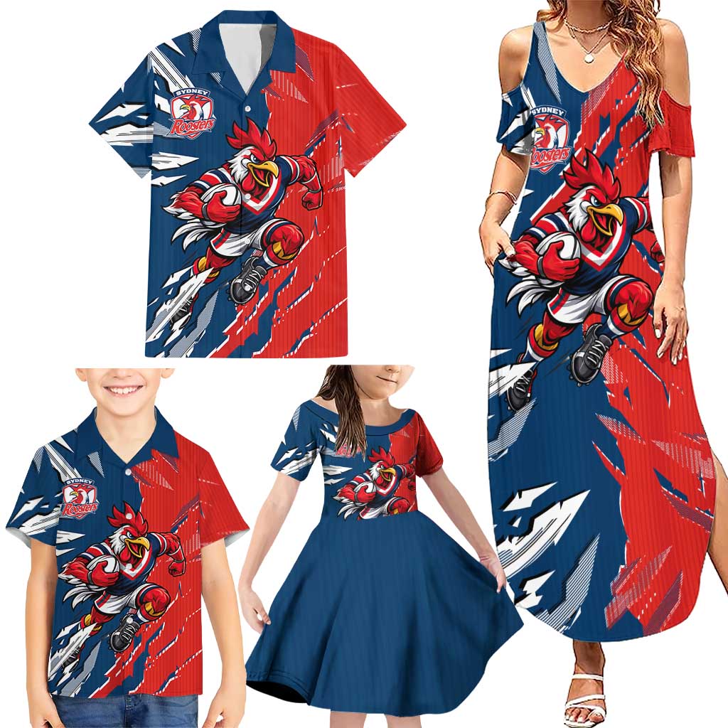 Personalized Sydney Roosters Family Matching Summer Maxi Dress and Hawaiian Shirt Dynamic Lightning Mascot Rugby Australia
