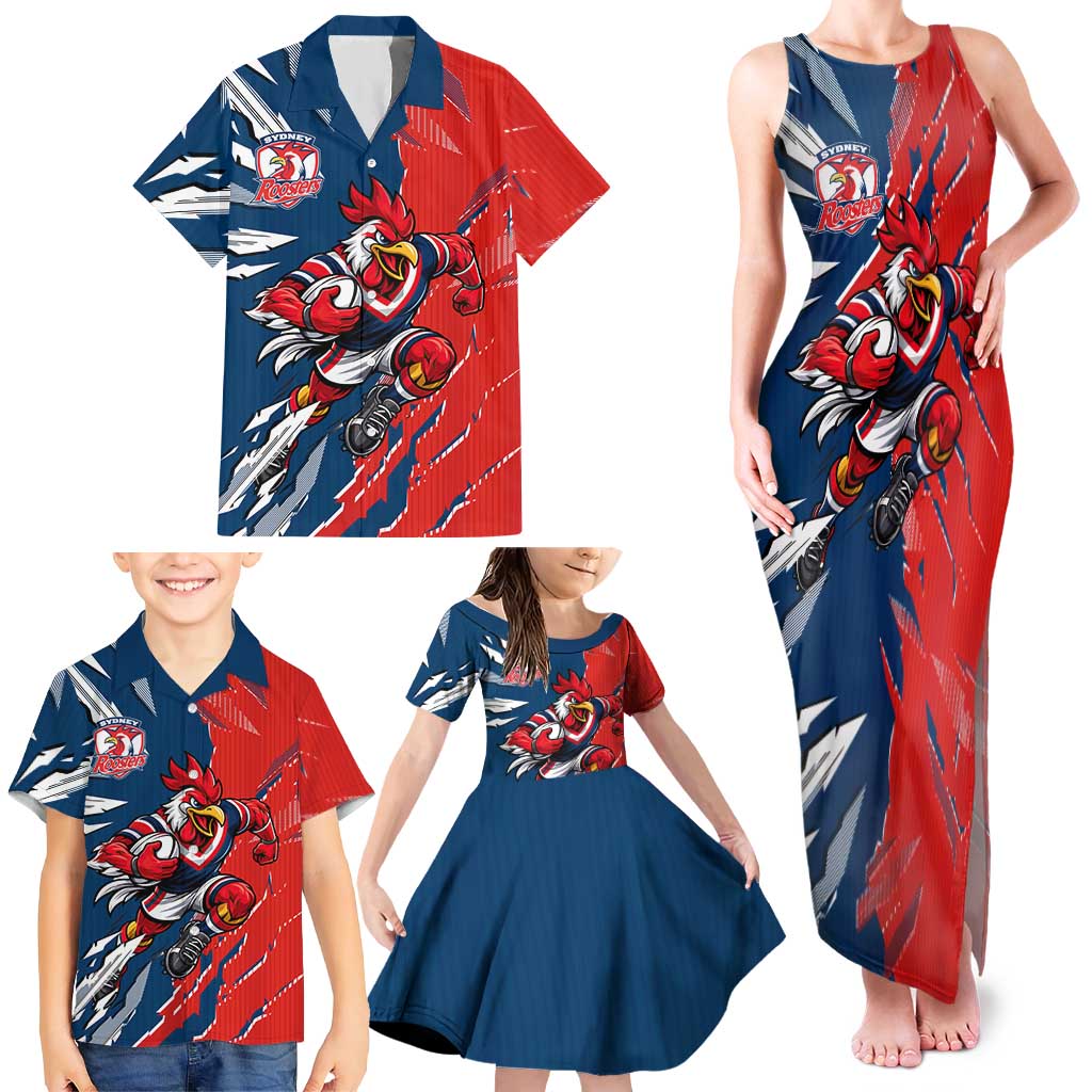 Personalized Sydney Roosters Family Matching Tank Maxi Dress and Hawaiian Shirt Dynamic Lightning Mascot Rugby Australia