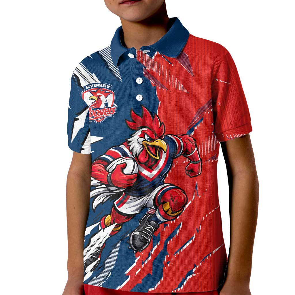 Personalized Sydney Roosters Kid Polo Shirt Dynamic Lightning Mascot Rugby Australia