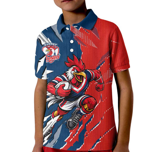 Personalized Sydney Roosters Kid Polo Shirt Dynamic Lightning Mascot Rugby Australia