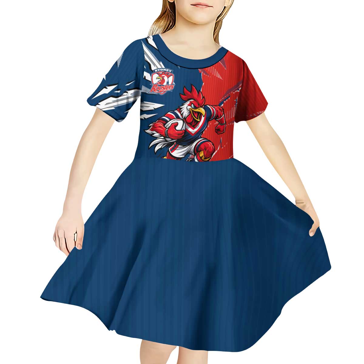 Personalized Sydney Roosters Kid Short Sleeve Dress Dynamic Lightning Mascot Rugby Australia