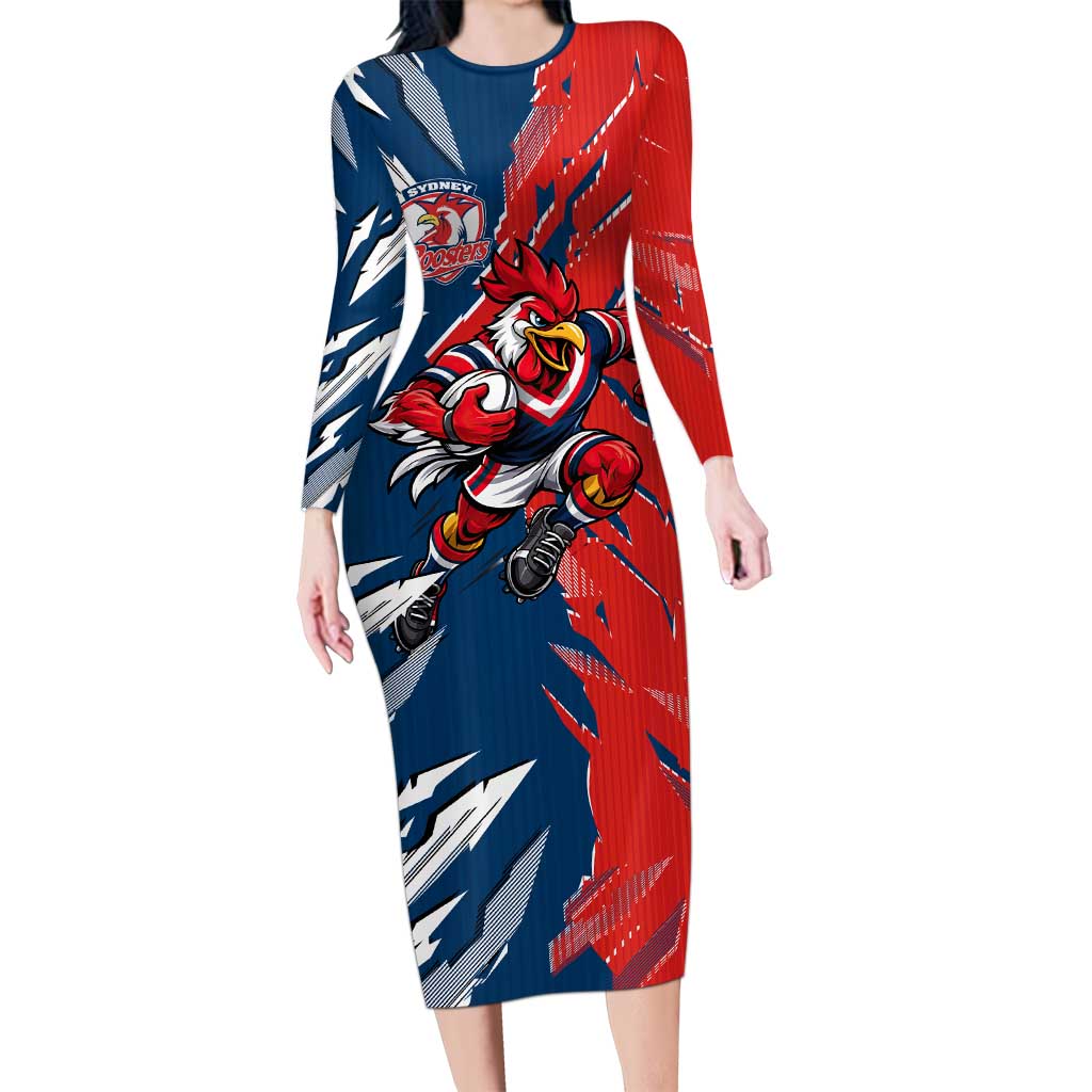 Personalized Sydney Roosters Long Sleeve Bodycon Dress Dynamic Lightning Mascot Rugby Australia