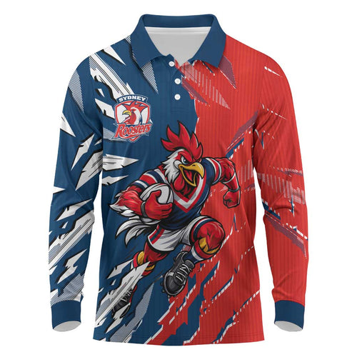 Personalized Sydney Roosters Long Sleeve Polo Shirt Dynamic Lightning Mascot Rugby Australia