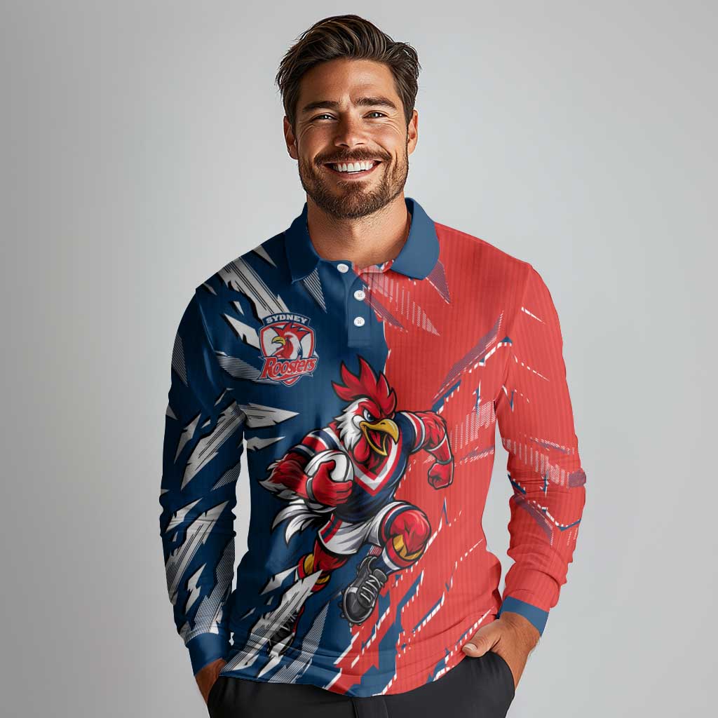 Personalized Sydney Roosters Long Sleeve Polo Shirt Dynamic Lightning Mascot Rugby Australia