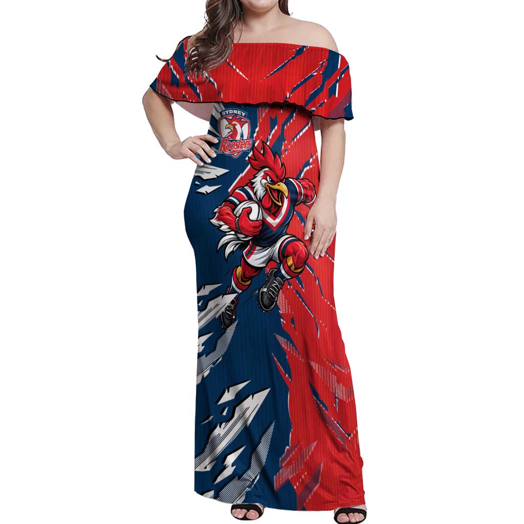 Personalized Sydney Roosters Off Shoulder Maxi Dress Dynamic Lightning Mascot Rugby Australia