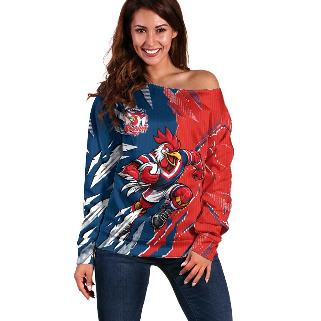 Personalized Sydney Roosters Off Shoulder Sweater Dynamic Lightning Mascot Rugby Australia