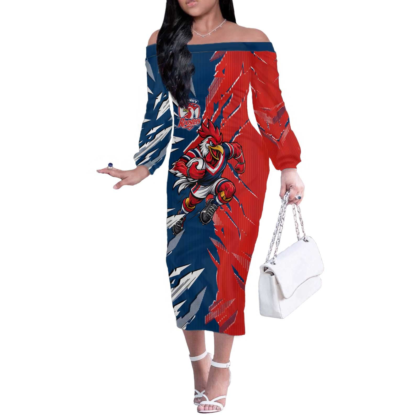 Personalized Sydney Roosters Off The Shoulder Long Sleeve Dress Dynamic Lightning Mascot Rugby Australia