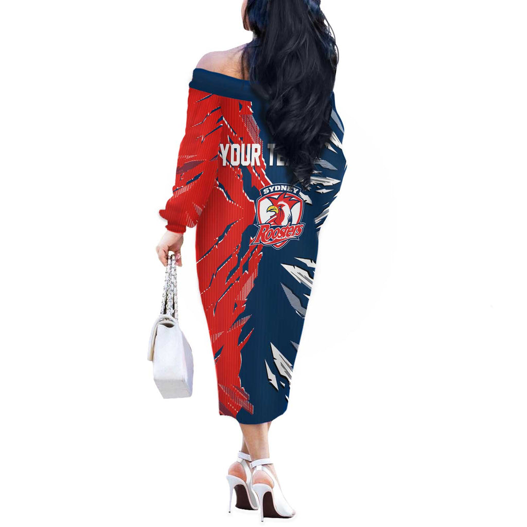 Personalized Sydney Roosters Off The Shoulder Long Sleeve Dress Dynamic Lightning Mascot Rugby Australia