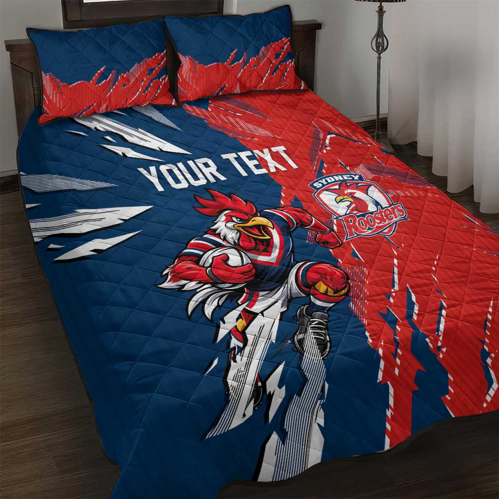 Personalized Sydney Roosters Quilt Bed Set Dynamic Lightning Mascot Rugby Australia
