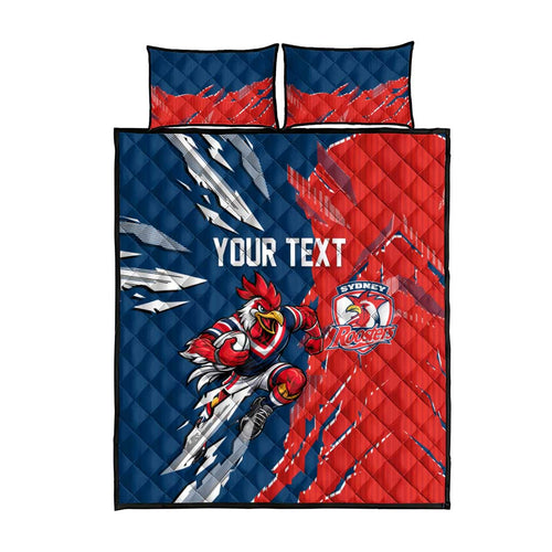 Personalized Sydney Roosters Quilt Bed Set Dynamic Lightning Mascot Rugby Australia