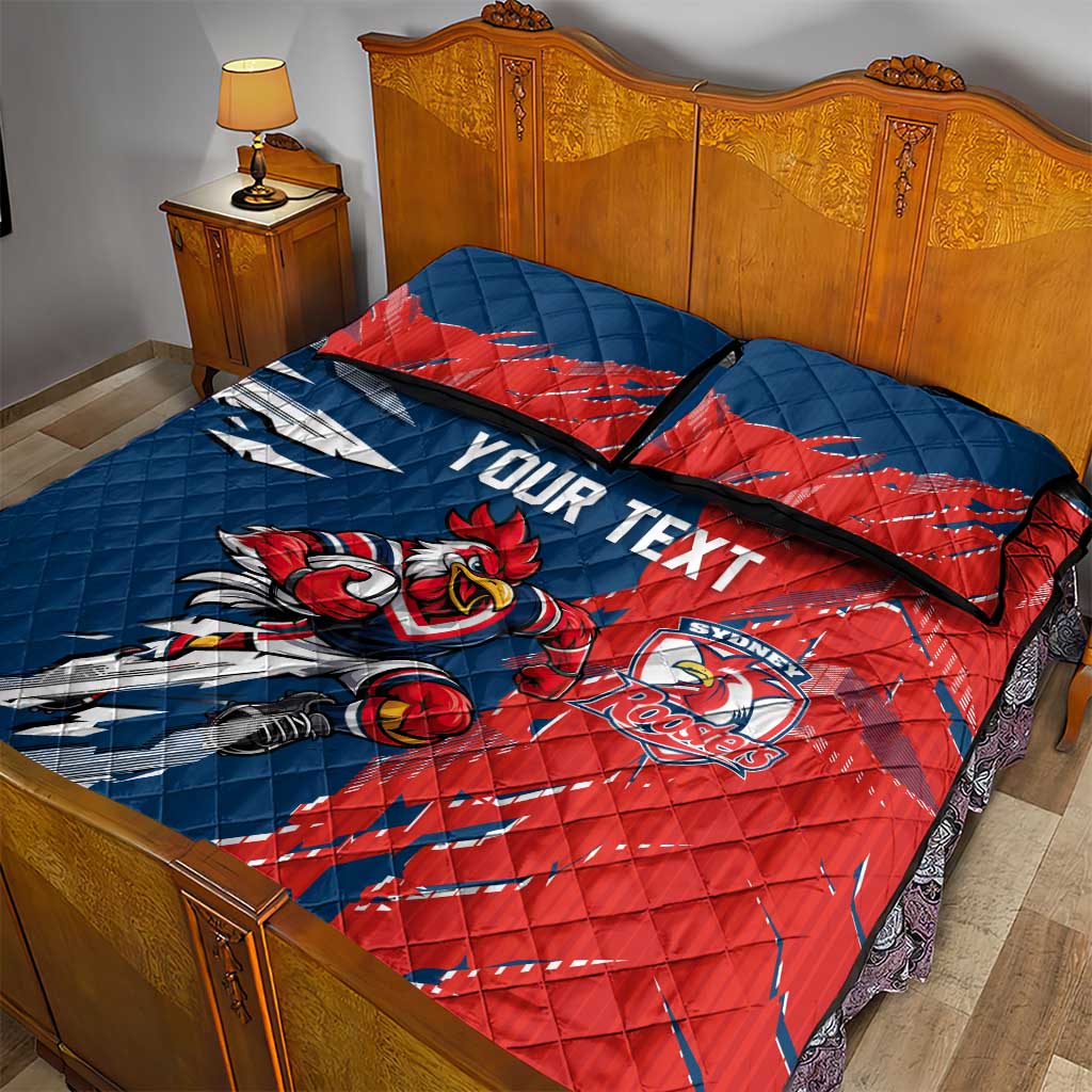 Personalized Sydney Roosters Quilt Bed Set Dynamic Lightning Mascot Rugby Australia