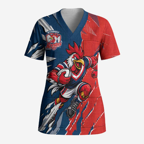 Personalized Sydney Roosters Scrub Top Dynamic Lightning Mascot Rugby Australia