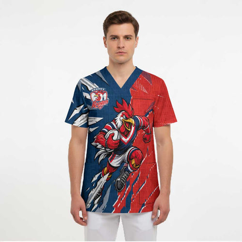 Personalized Sydney Roosters Scrub Top Dynamic Lightning Mascot Rugby Australia