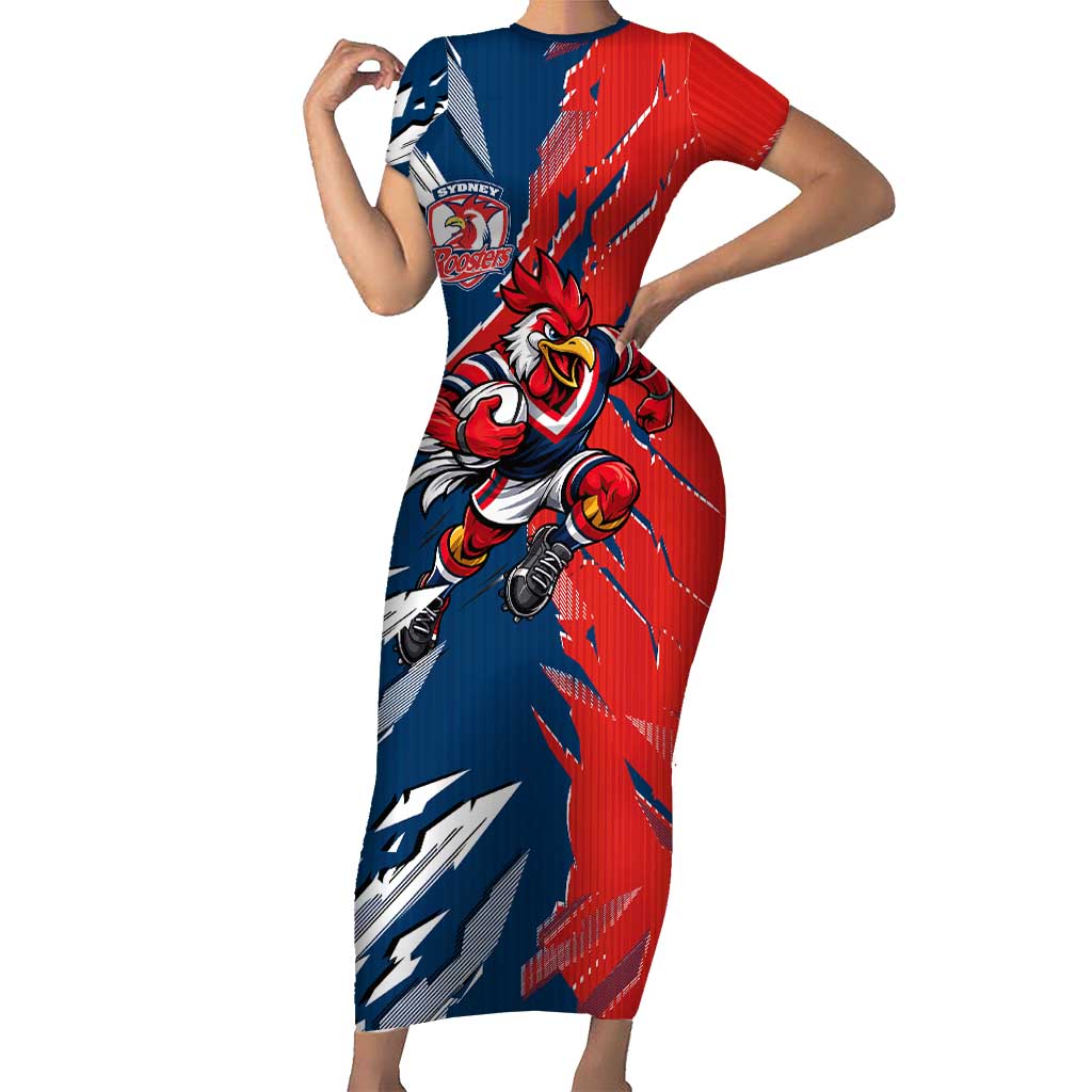 Personalized Sydney Roosters Short Sleeve Bodycon Dress Dynamic Lightning Mascot Rugby Australia