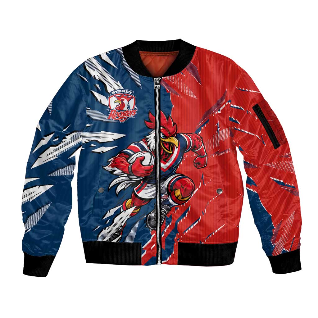 Personalized Sydney Roosters Sleeve Zip Bomber Jacket Dynamic Lightning Mascot Rugby Australia