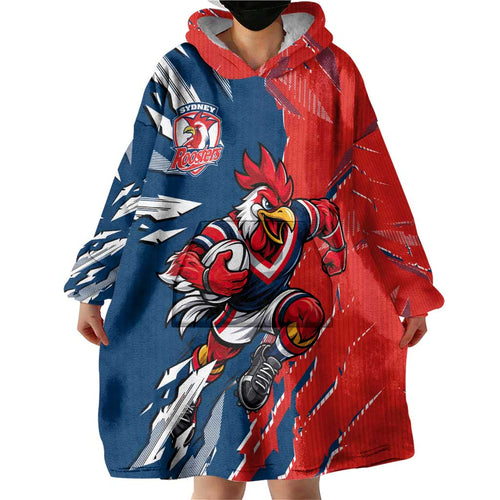 Personalized Sydney Roosters Wearable Blanket Hoodie Dynamic Lightning Mascot Rugby Australia