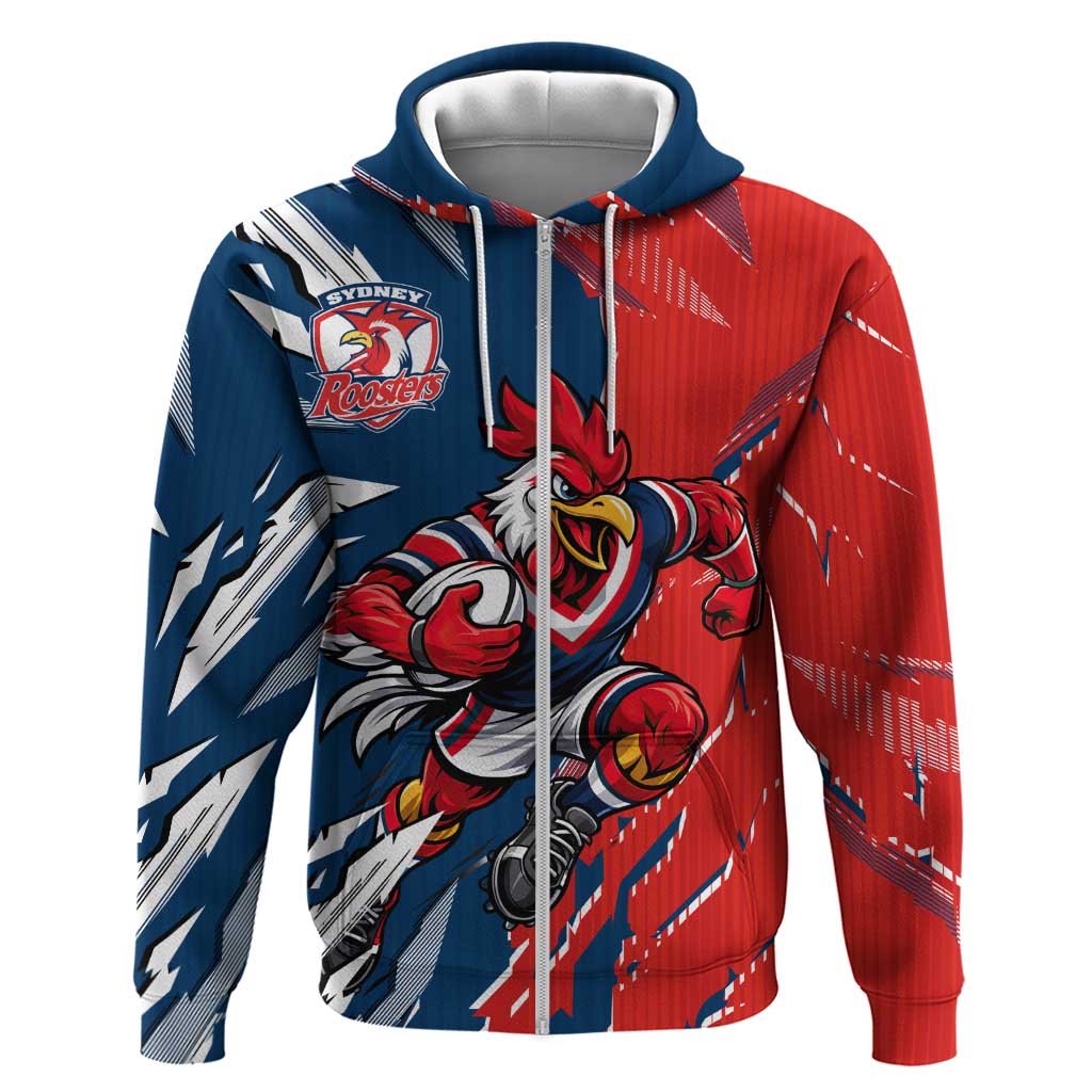 Personalized Sydney Roosters Zip Hoodie Dynamic Lightning Mascot Rugby Australia