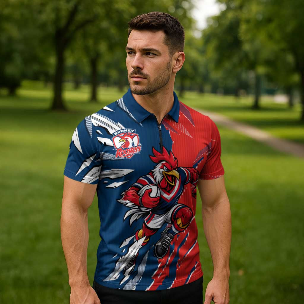 Personalized Sydney Roosters Zipper Polo Shirt Dynamic Lightning Mascot Rugby Australia