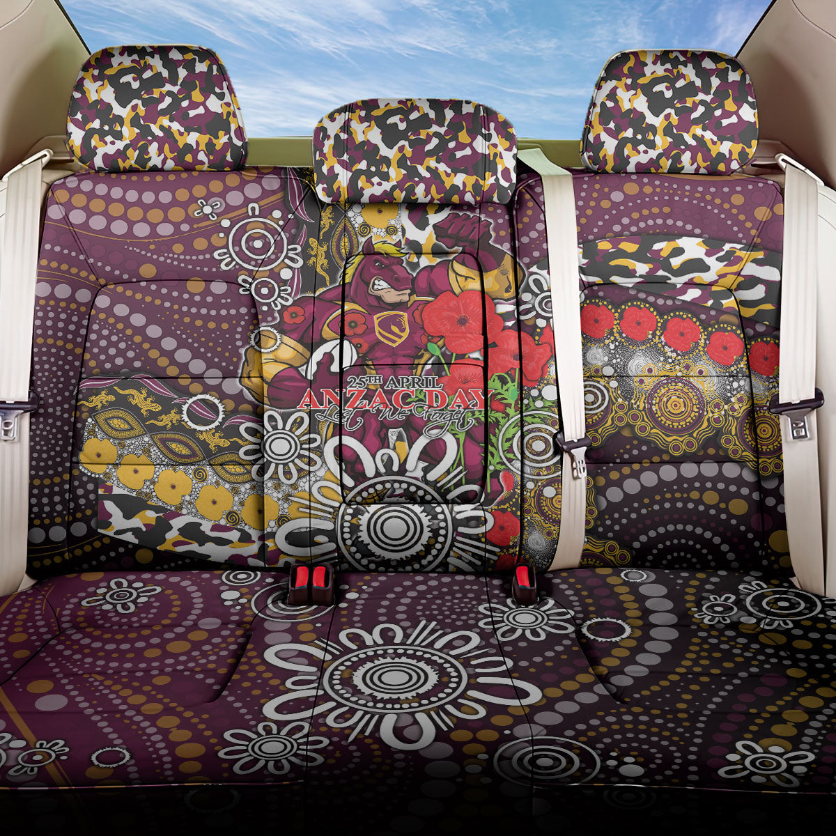 Brisbane Broncos ANZAC Day Back Car Seat Cover Aboriginal Poppy Remembrance Rugby - Lest We Forget