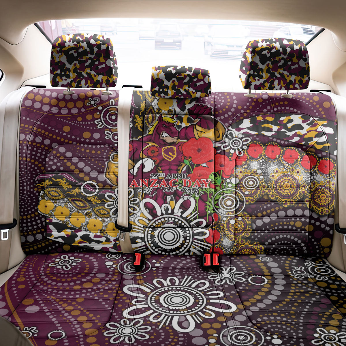 Brisbane Broncos ANZAC Day Back Car Seat Cover Aboriginal Poppy Remembrance Rugby - Lest We Forget