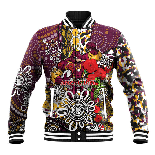 Brisbane Broncos ANZAC Day Baseball Jacket Aboriginal Poppy Remembrance Rugby - Lest We Forget