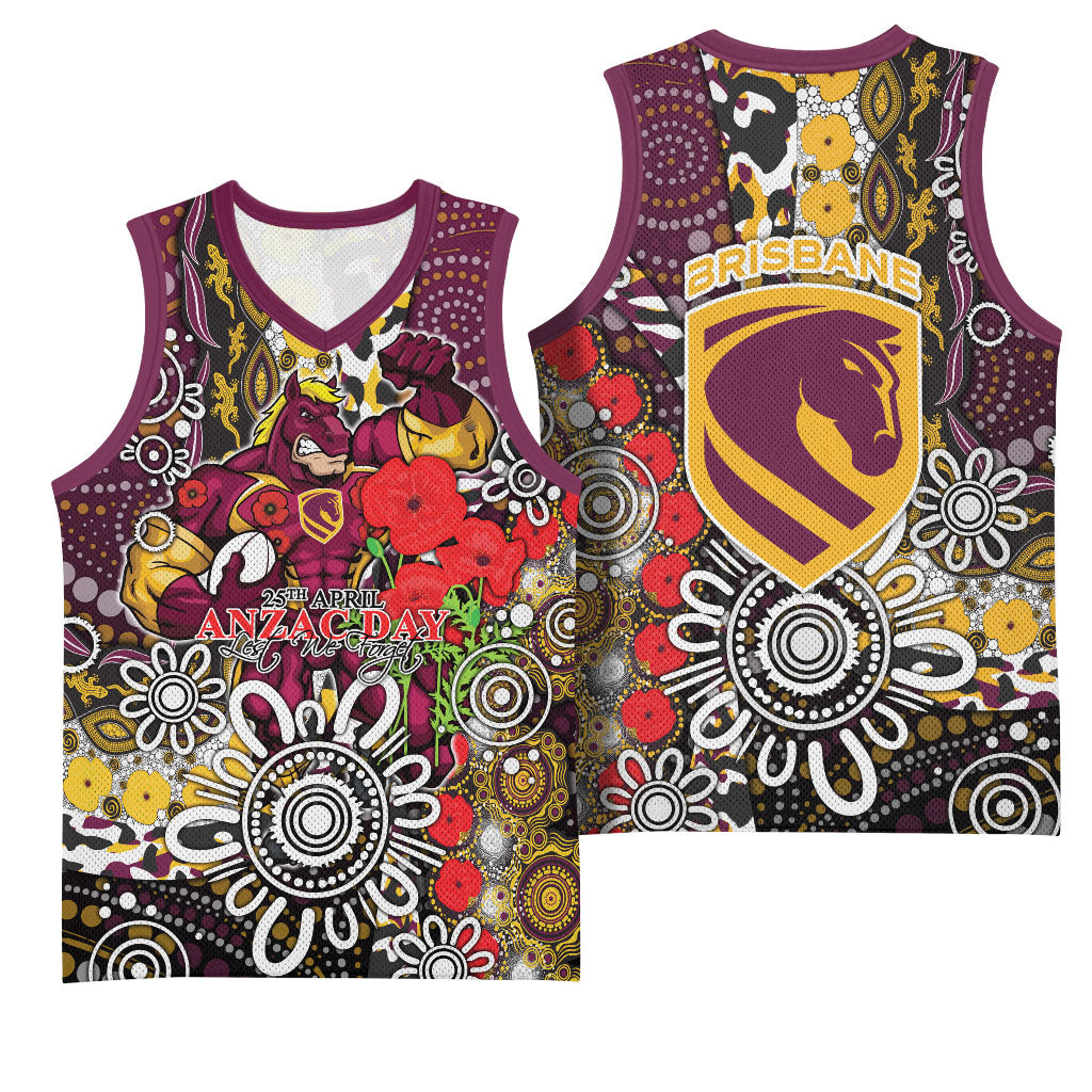 Brisbane Broncos ANZAC Day Basketball Jersey Aboriginal Poppy Remembrance Rugby - Lest We Forget