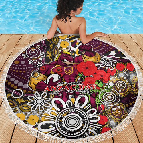 Brisbane Broncos ANZAC Day Beach Blanket Aboriginal Poppy Remembrance Rugby - Lest We Forget