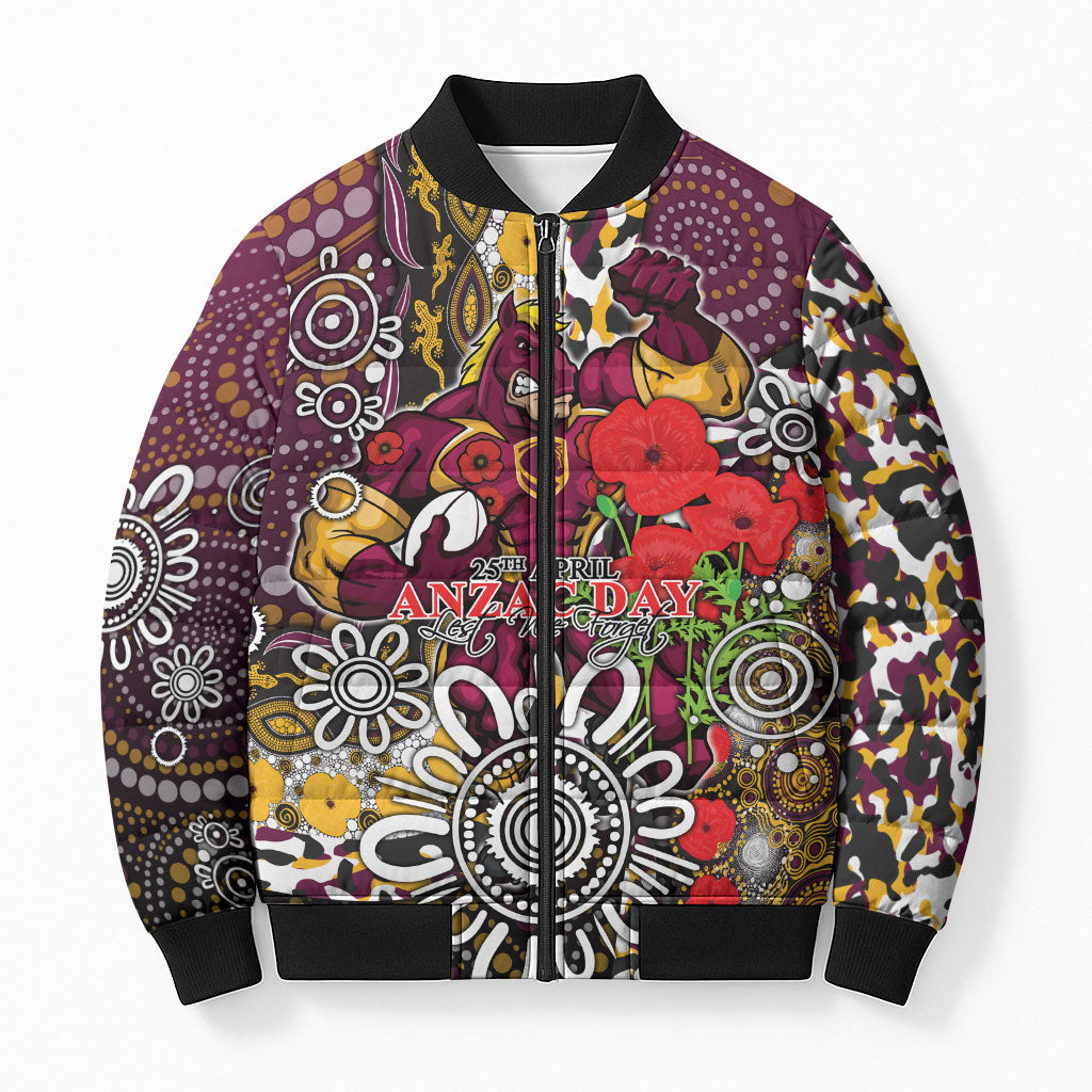 Brisbane Broncos ANZAC Day Bomber Puffer Jacket Aboriginal Poppy Remembrance Rugby - Lest We Forget