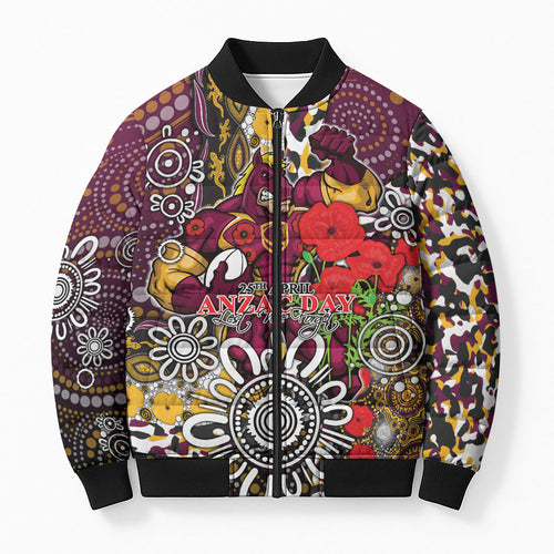 Brisbane Broncos ANZAC Day Bomber Puffer Jacket Aboriginal Poppy Remembrance Rugby - Lest We Forget