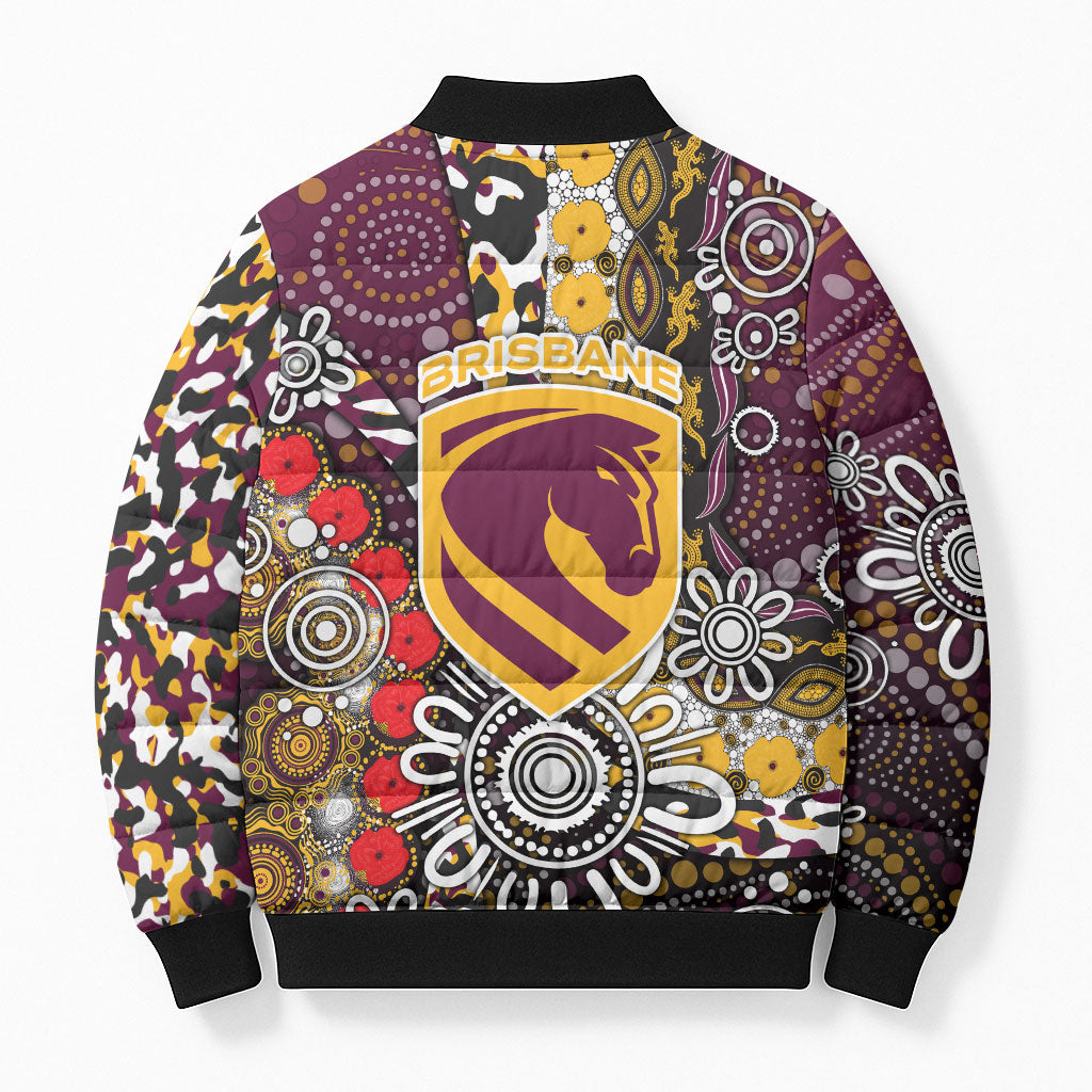 Brisbane Broncos ANZAC Day Bomber Puffer Jacket Aboriginal Poppy Remembrance Rugby - Lest We Forget