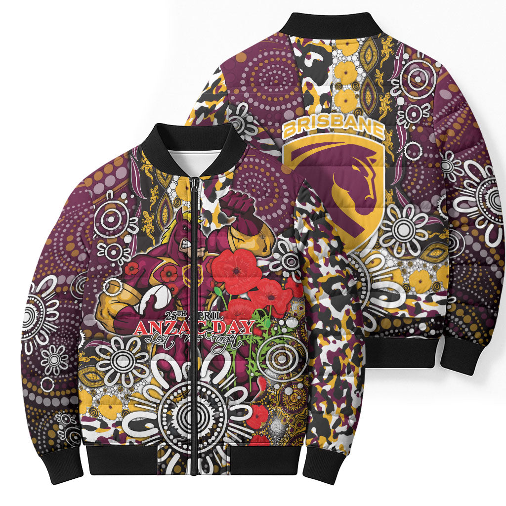 Brisbane Broncos ANZAC Day Bomber Puffer Jacket Aboriginal Poppy Remembrance Rugby - Lest We Forget