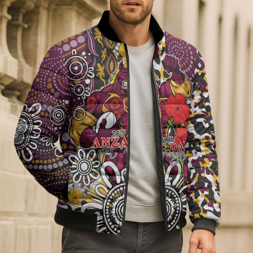 Brisbane Broncos ANZAC Day Bomber Puffer Jacket Aboriginal Poppy Remembrance Rugby - Lest We Forget