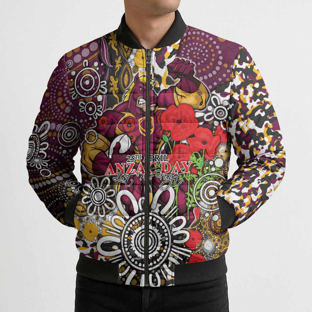 Brisbane Broncos ANZAC Day Bomber Puffer Jacket Aboriginal Poppy Remembrance Rugby - Lest We Forget