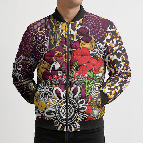 Brisbane Broncos ANZAC Day Bomber Puffer Jacket Aboriginal Poppy Remembrance Rugby - Lest We Forget