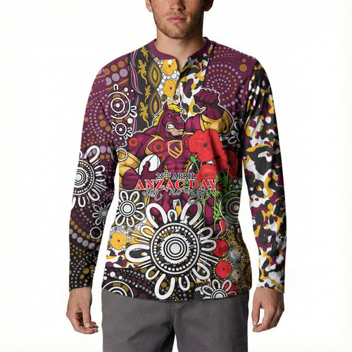 Brisbane Broncos ANZAC Day Button Sweatshirt Aboriginal Poppy Remembrance Rugby - Lest We Forget