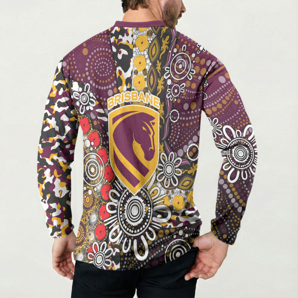 Brisbane Broncos ANZAC Day Button Sweatshirt Aboriginal Poppy Remembrance Rugby - Lest We Forget