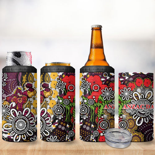 Brisbane Broncos ANZAC Day 4 in 1 Can Cooler Tumbler Aboriginal Poppy Remembrance Rugby - Lest We Forget