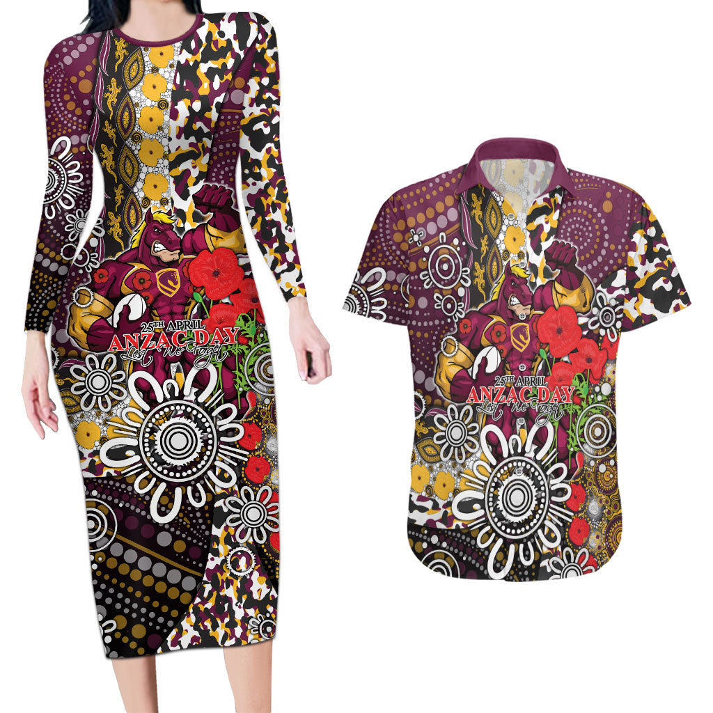 Brisbane Broncos ANZAC Day Couples Matching Long Sleeve Bodycon Dress and Hawaiian Shirt Aboriginal Poppy Remembrance Rugby - Lest We Forget