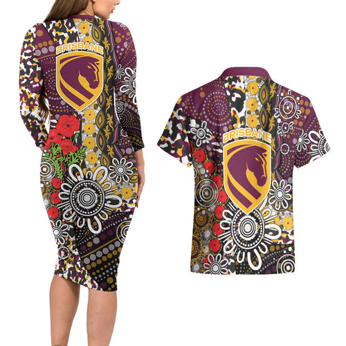 Brisbane Broncos ANZAC Day Couples Matching Long Sleeve Bodycon Dress and Hawaiian Shirt Aboriginal Poppy Remembrance Rugby - Lest We Forget